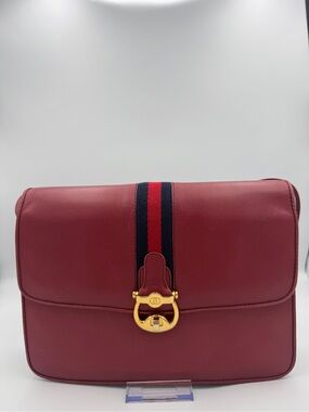 VTG Gucci Burgundy Leather Sherry Line Web Horsebit Flap Shoulder Bag 406-001